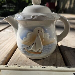 Nautical Cream Ceramic Teapot with Sailboat Design